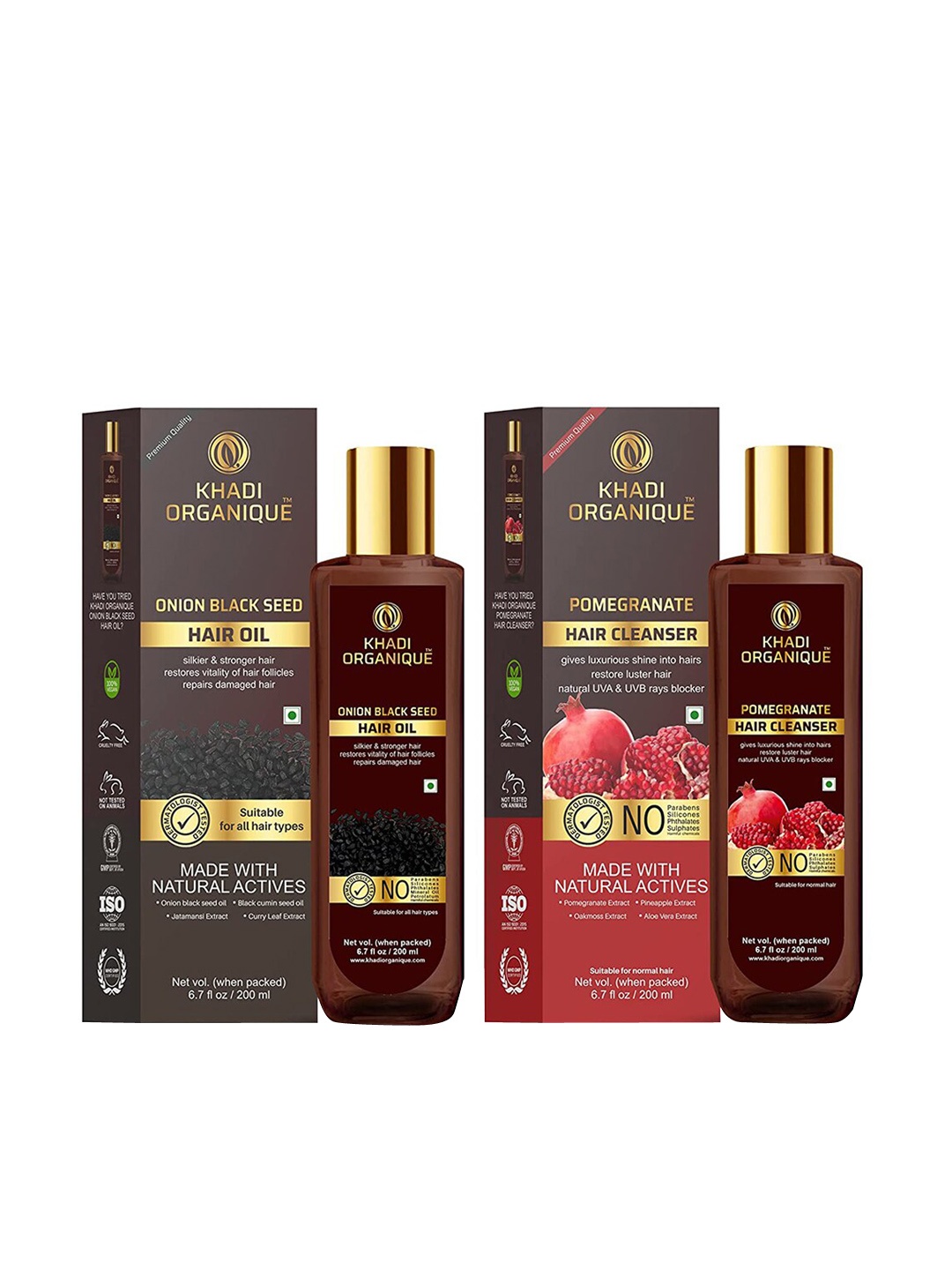 

Khadi Organique Pack of 2Onion Black Seed Hair Oil & Pomegranate Hair Shampoo 400 ml, Transparent