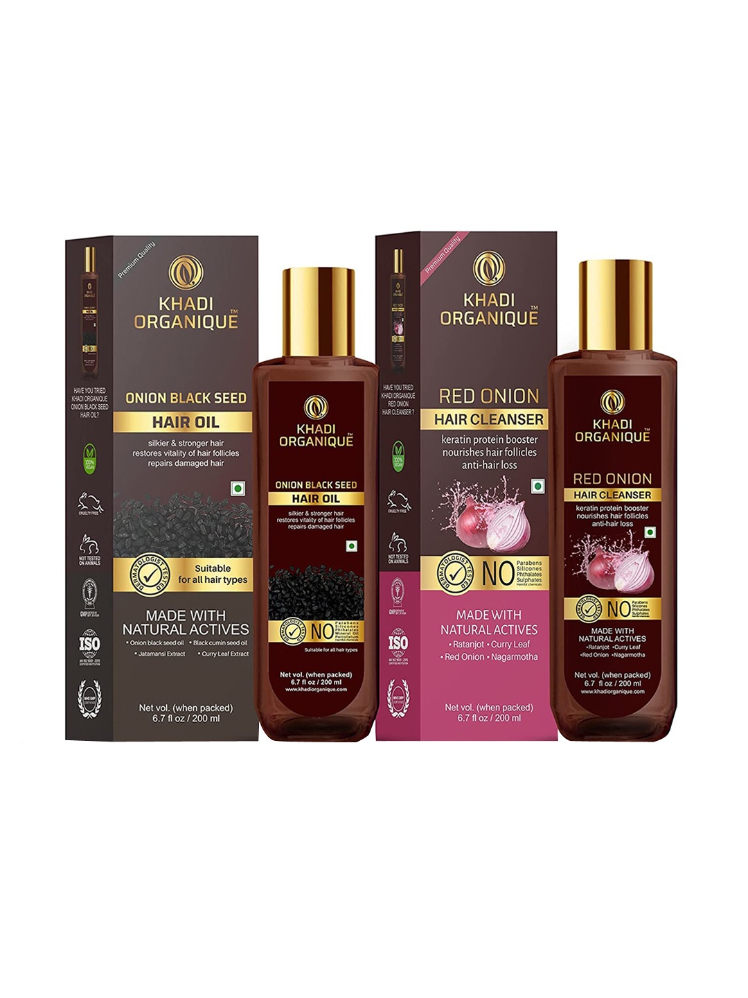 

Khadi Organique Set Of 2 Onion Black Seed Hair Oil & Red Onion Hair Shampoo 400ml, Transparent