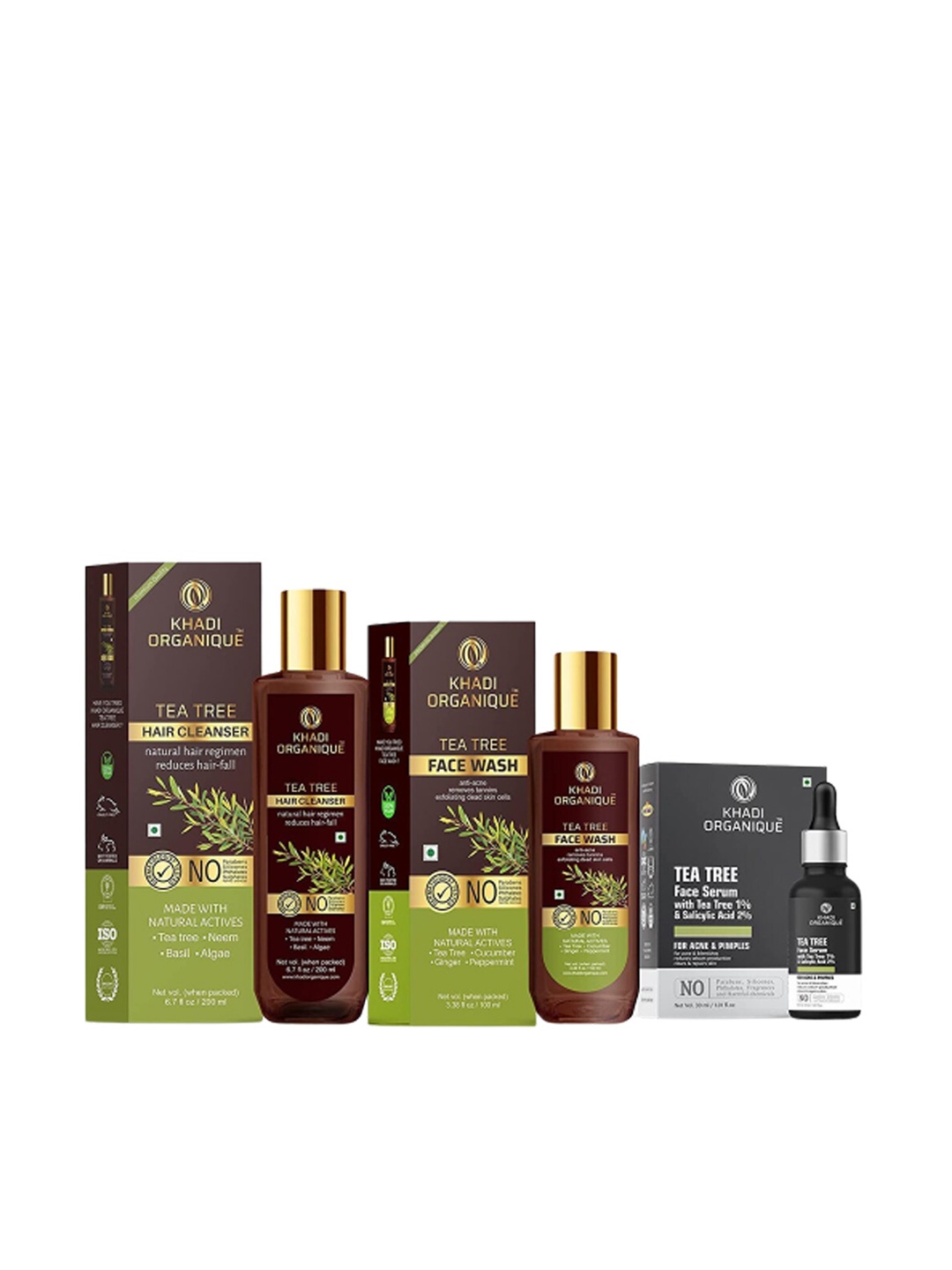 

Khadi Organique Pack of 3 Tea Tree Hair Shampoo, Face Wash & Face Serum 330ml, Transparent