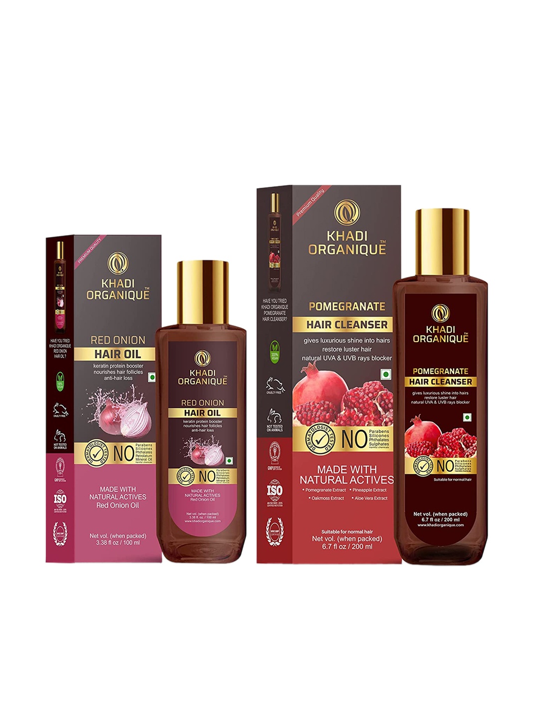 

Khadi Organique Pack of 2 Red Onion Hair Oil & Pomegranate Hair Shampoo 300 ml, Transparent