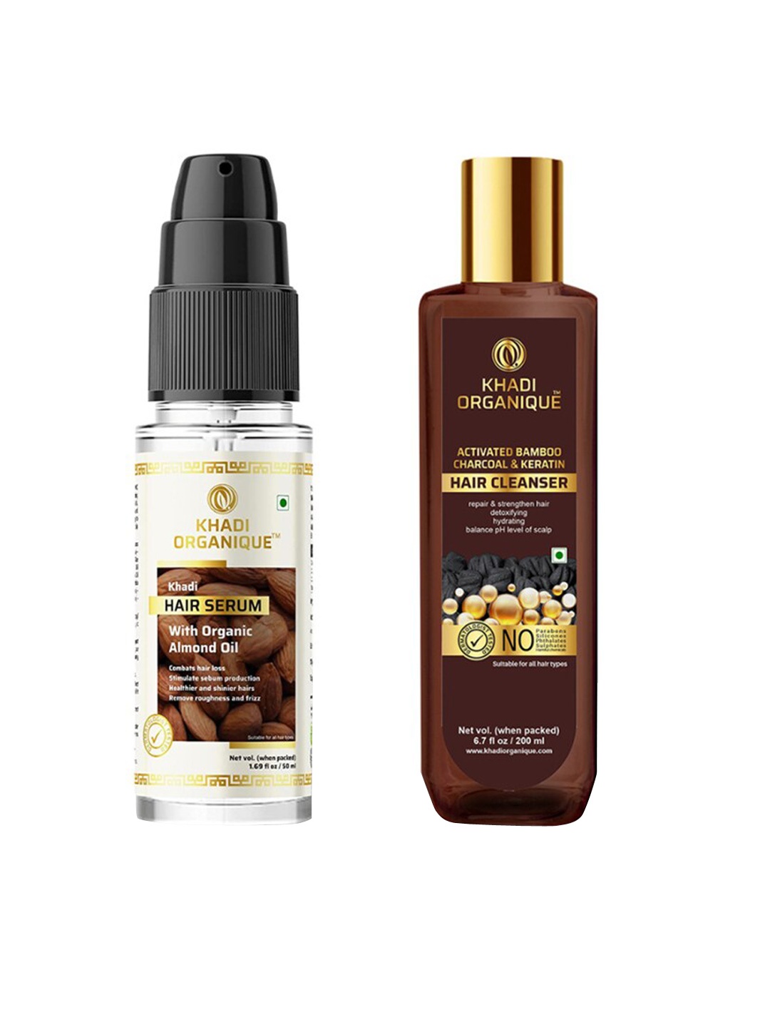 

Khadi Organique Pack 2 Almond Hair Serum & Bamboo Charcoal Keratin Hair Shampoo 250 ml, Transparent