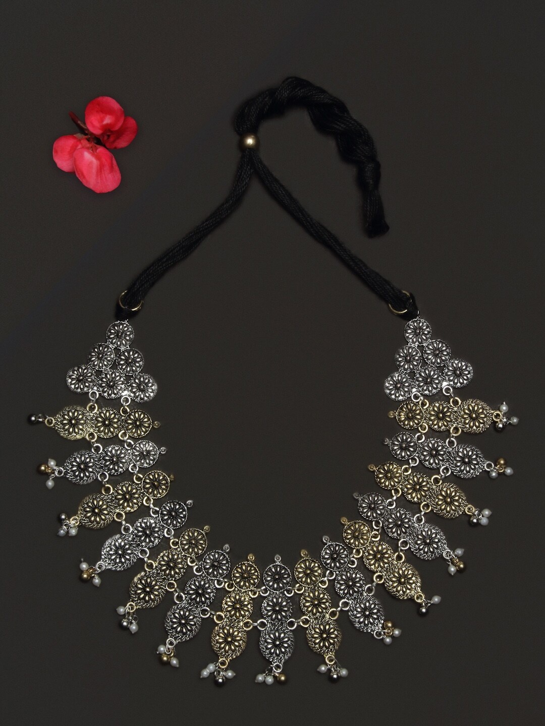 

Dhrohar Women Silver & Gold-Toned Rhodium-Plated Oxidised Necklace