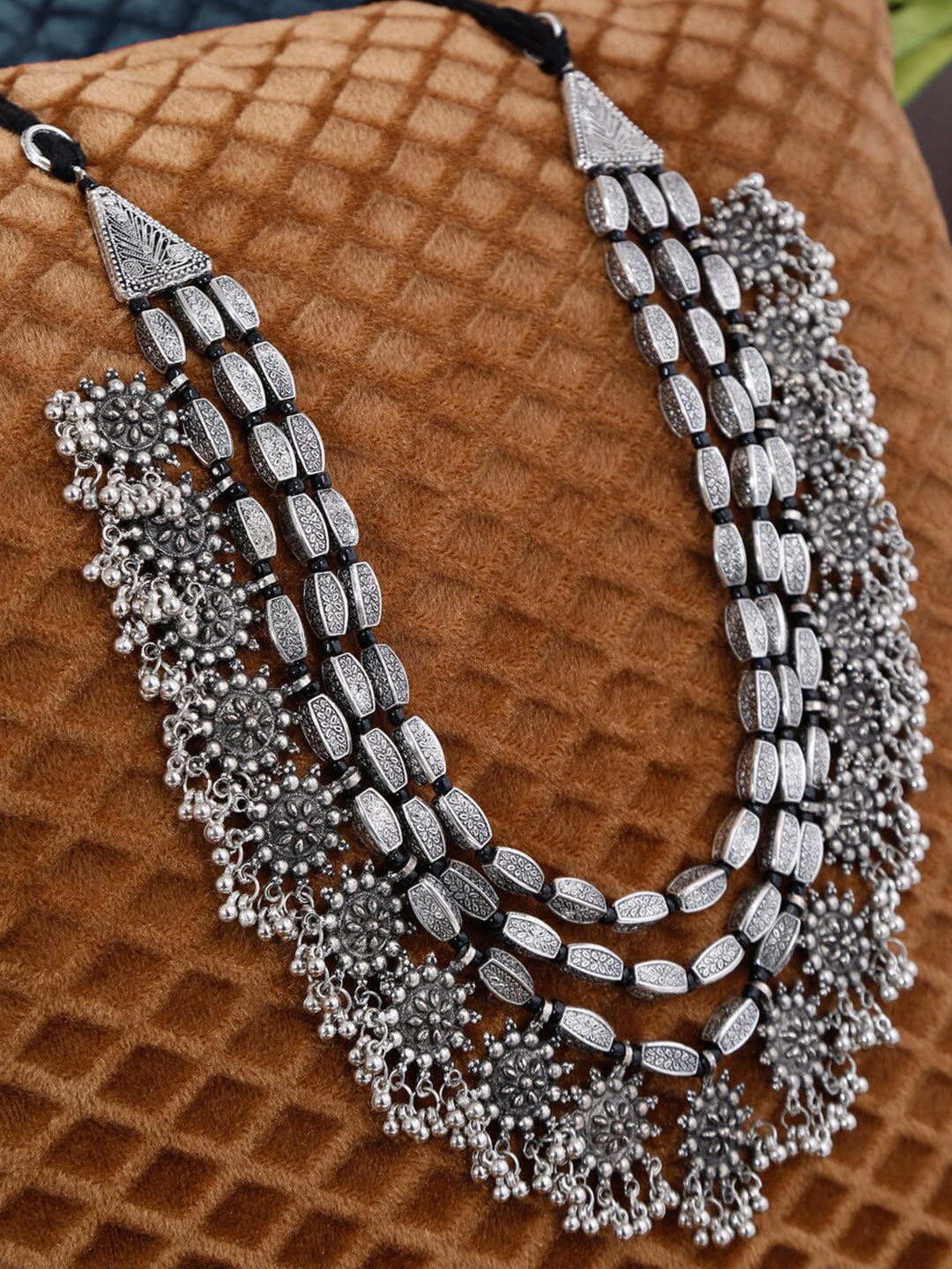 

Dhrohar Women Black & Silver-Plated Layered Necklace