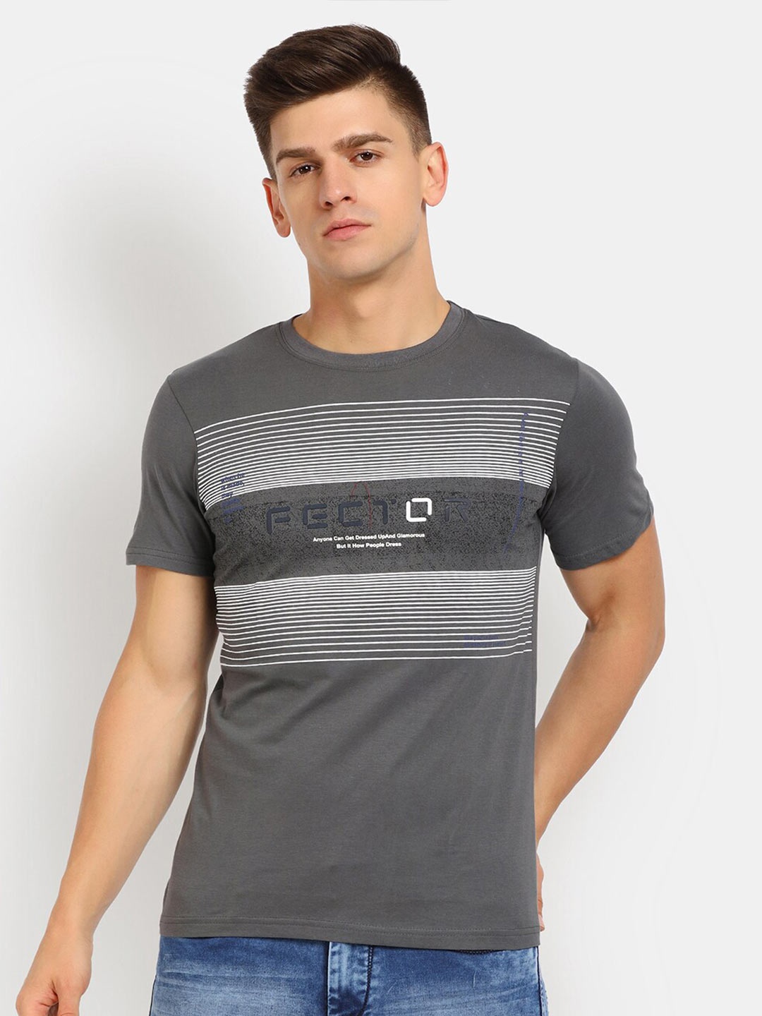 

V-Mart Men Grey Typography Printed Slim Fit Round Neck Cotton T-shirt