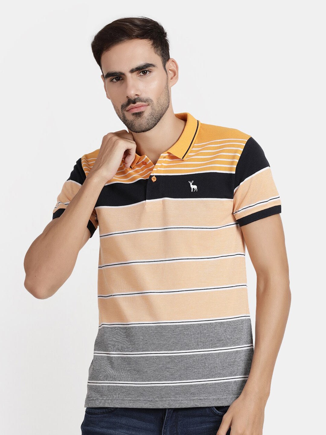 

V-Mart Men Yellow & Grey Striped Polo Collar Cotton T-shirt