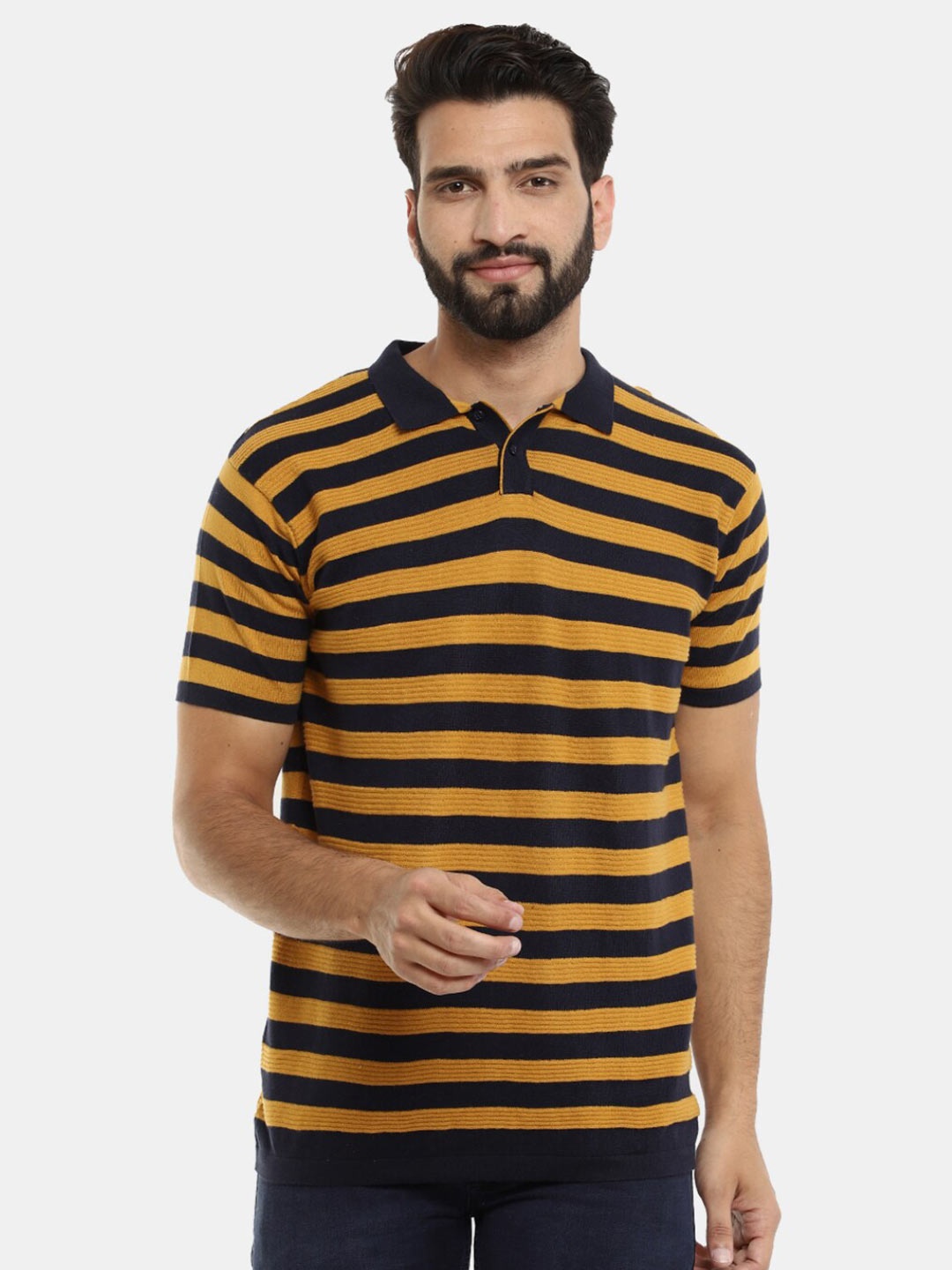 

V-Mart Men Mustard Yellow Striped Polo Collar Slim Fit Cotton T-shirt