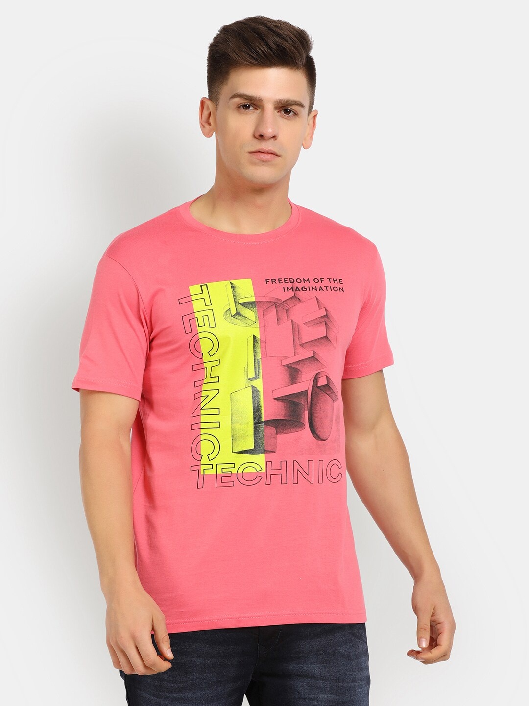 

V-Mart Men Pink Typography Printed Slim Fit Round Neck Cotton T-shirt