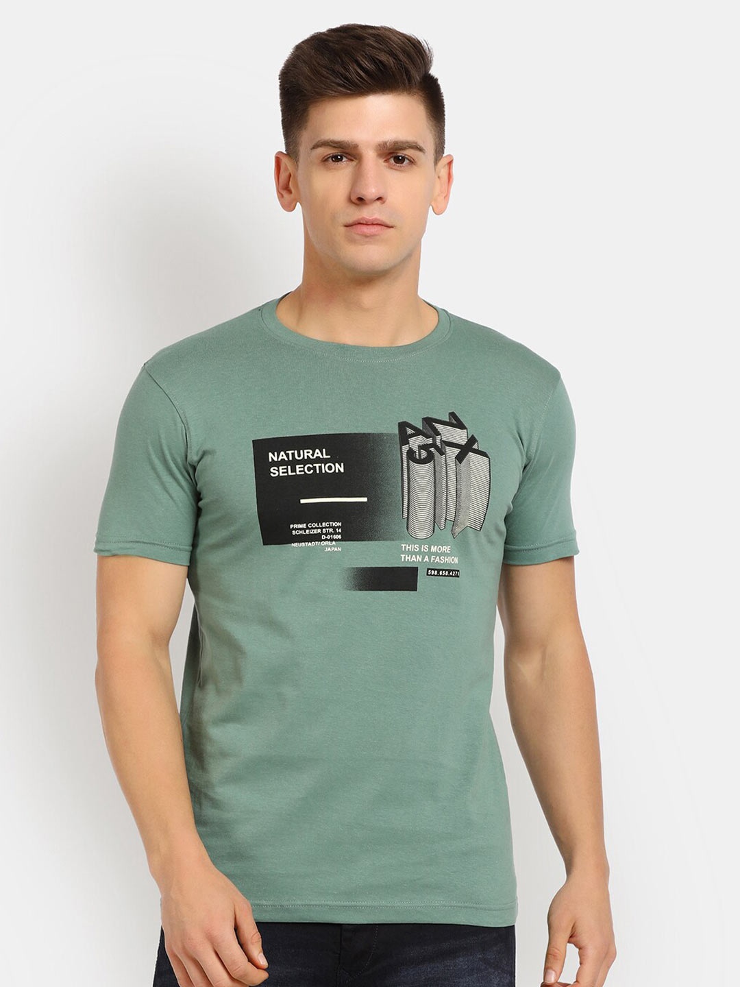 

V-Mart Men Green Typography Printed Slim Fit Round Neck Cotton T-shirt