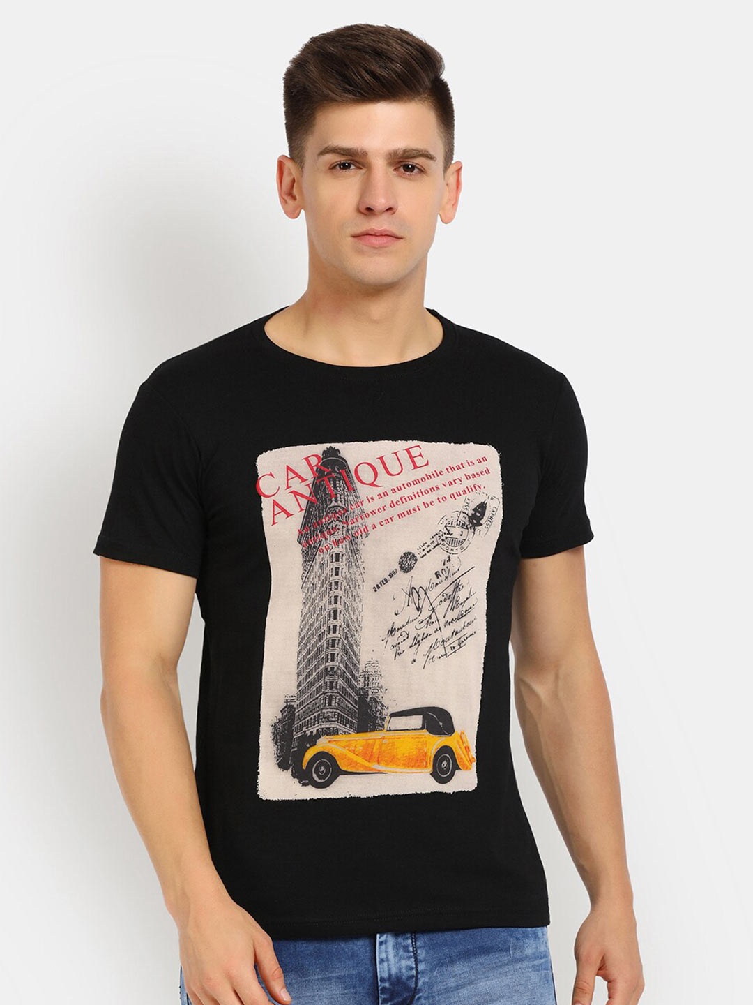 

V-Mart Men Black Printed Slim Fit Round Neck Cotton T-shirt