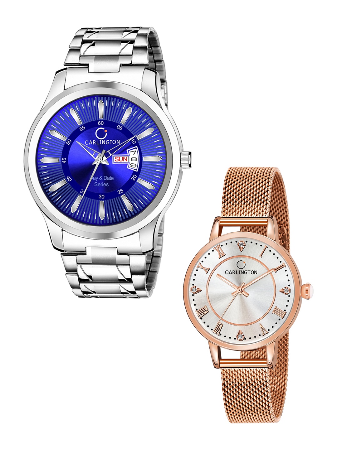 

CARLINGTON Set of 2 Unisex Stainless Steel Bracelet Style Straps Analogue Watch, Blue