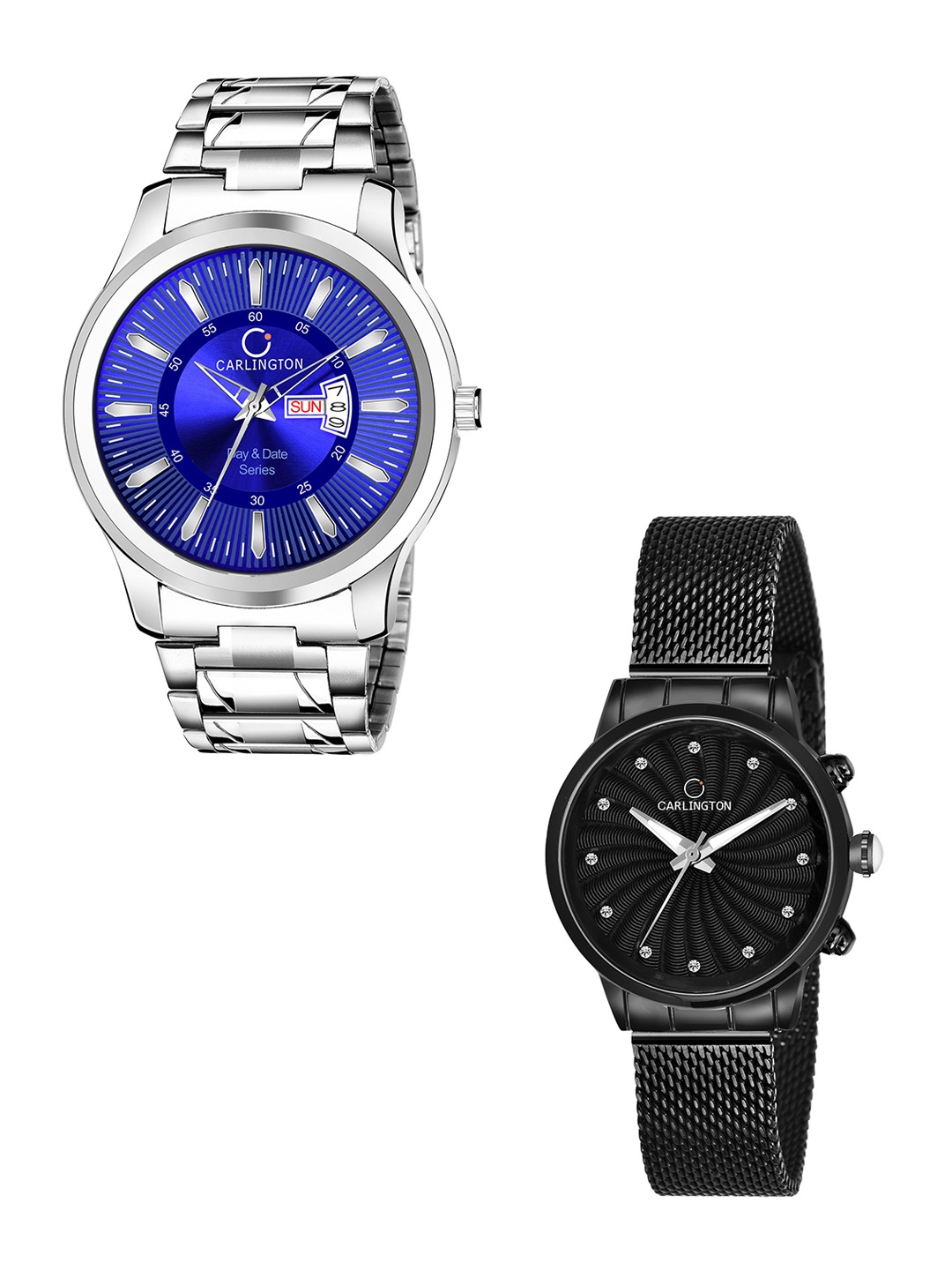 

CARLINGTON Unisex Set of 2 Stainless Steel Bracelet Style Straps Analogue Watch, Blue