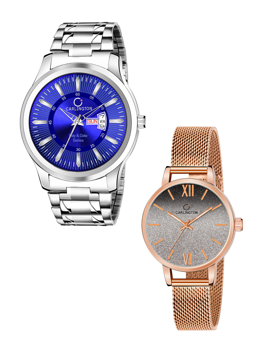 

CARLINGTON Unisex Set of 2 Stainless Steel Bracelet Style Straps Analogue Watch, Blue