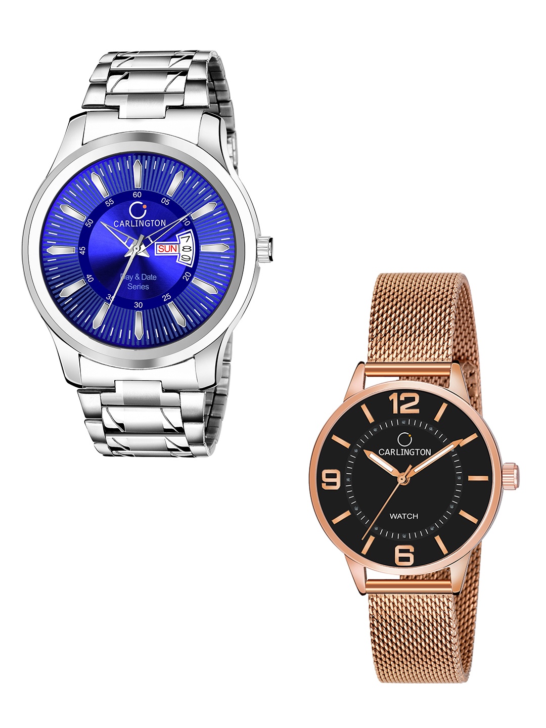 

CARLINGTON Set of 2 Unisex Stainless Steel Bracelet Style Straps Analogue Watch, Blue
