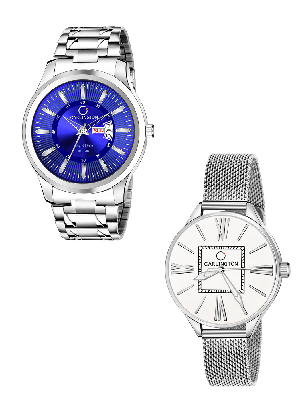 

CARLINGTON Unisex Set of 2 Stainless Steel Bracelet Style Straps Analogue Watch, Blue