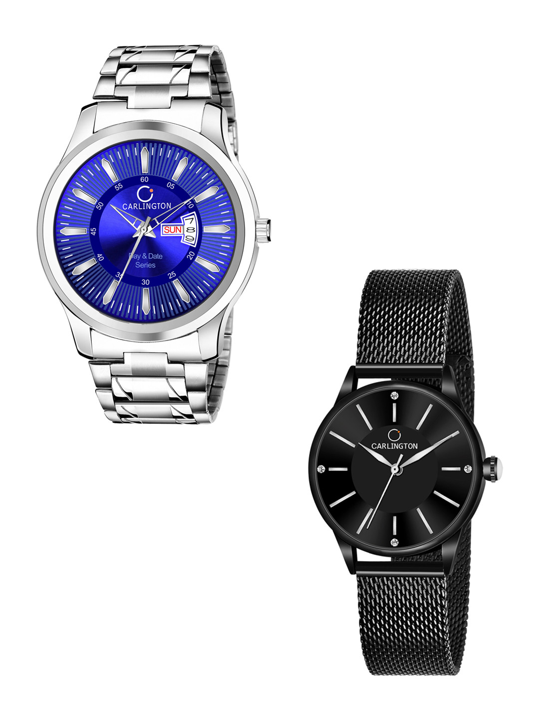 

CARLINGTON Unisex Set of 2 Stainless Steel Bracelet Style Straps Analogue Watch, Blue