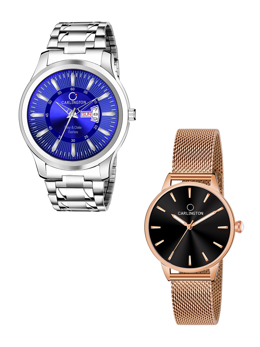 

CARLINGTON Set of 2 Unisex Stainless Steel Bracelet Style Straps Analogue Watch, Blue