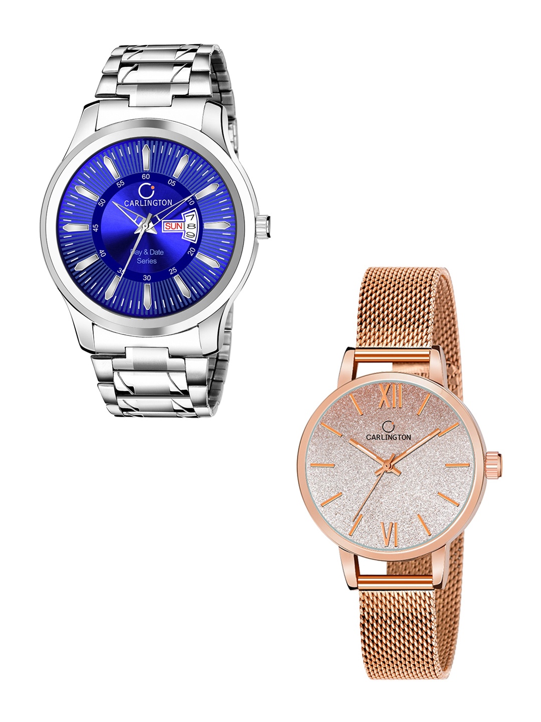 

CARLINGTON Unisex Round Dial & Stainless Steel His and Her Watches Analogue Watch CT2018, Blue