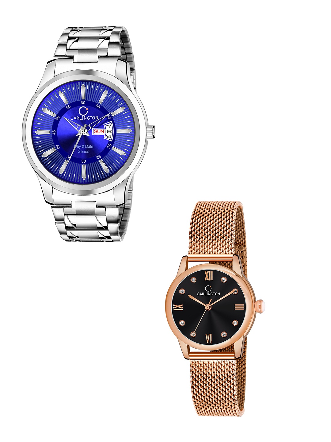 

CARLINGTON Unisex Round Dial & Stainless Steel Straps Analogue His and Her Watches CT2005, Blue