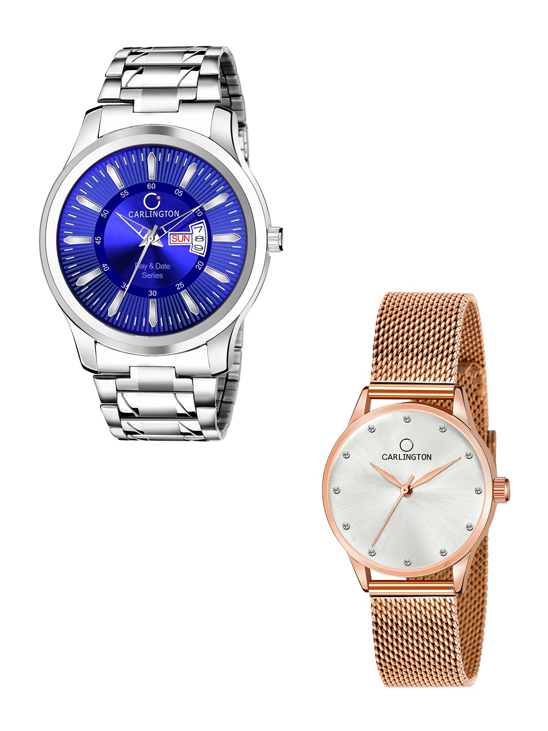 

CARLINGTON Unisex Round Dial & Stainless Steel Straps Analogue His and Her Watches CT2009, Blue