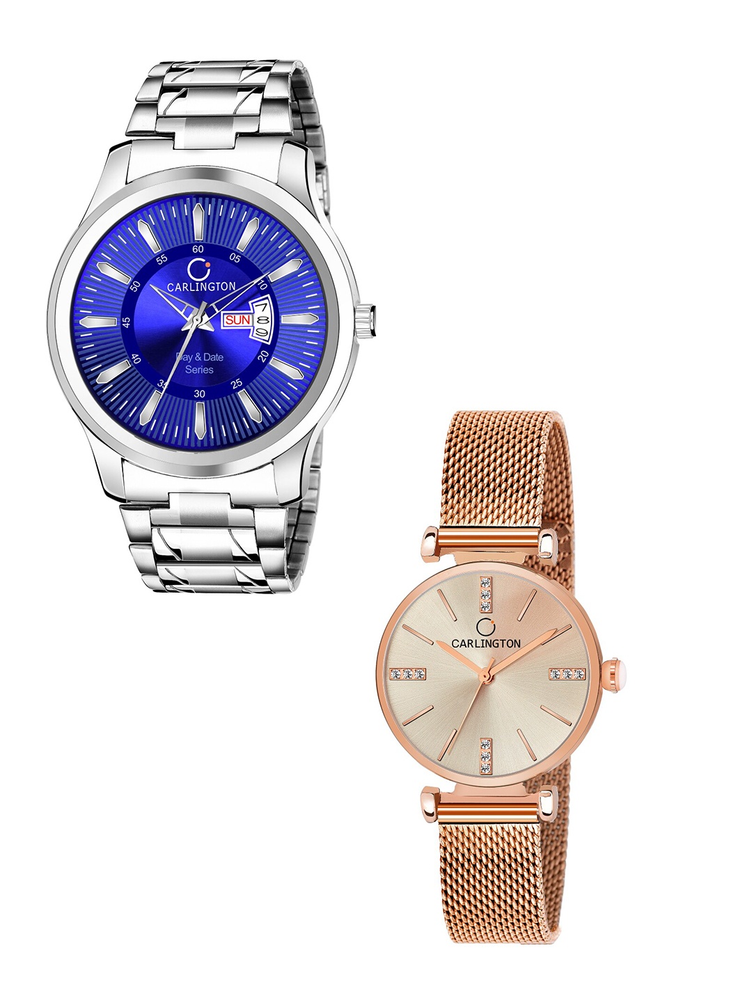 

CARLINGTON Unisex Round Dial & Stainless Steel Straps Analogue His and Her Watches CT2011, Blue