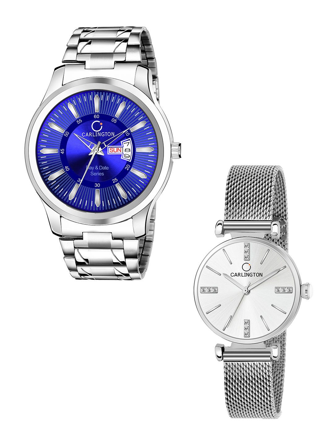 

CARLINGTON Unisex Round Dial & Stainless Steel Straps Analogue His and Her Watches CT2011, Blue