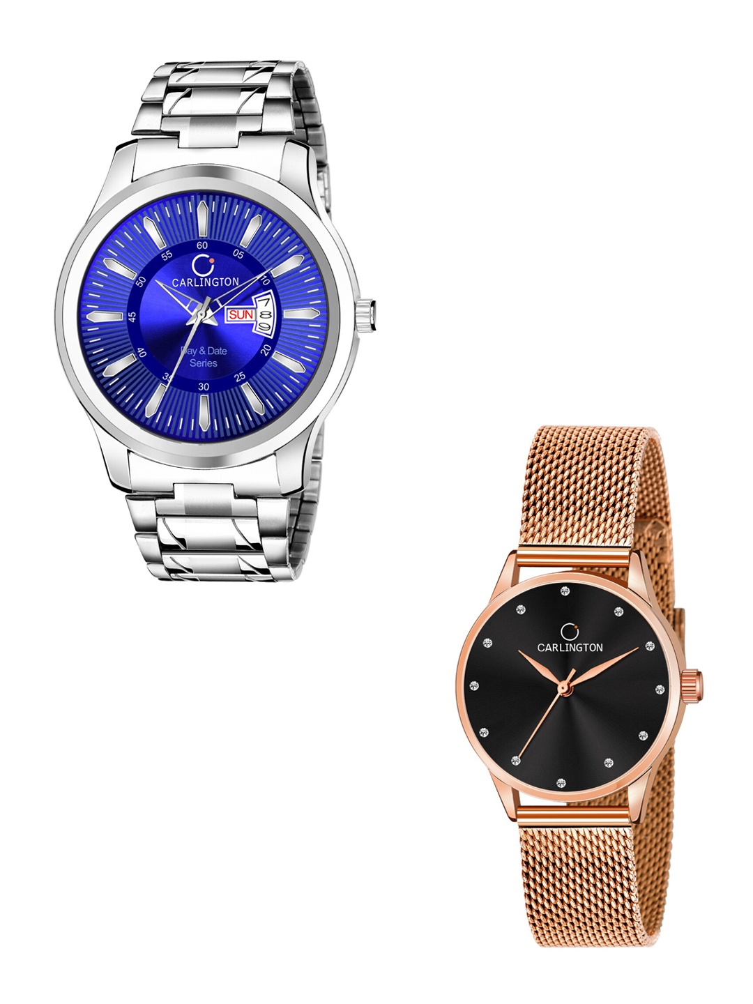 

CARLINGTON Unisex Round Dial & Stainless Steel Straps Analogue His and Her Watches CT2009, Blue