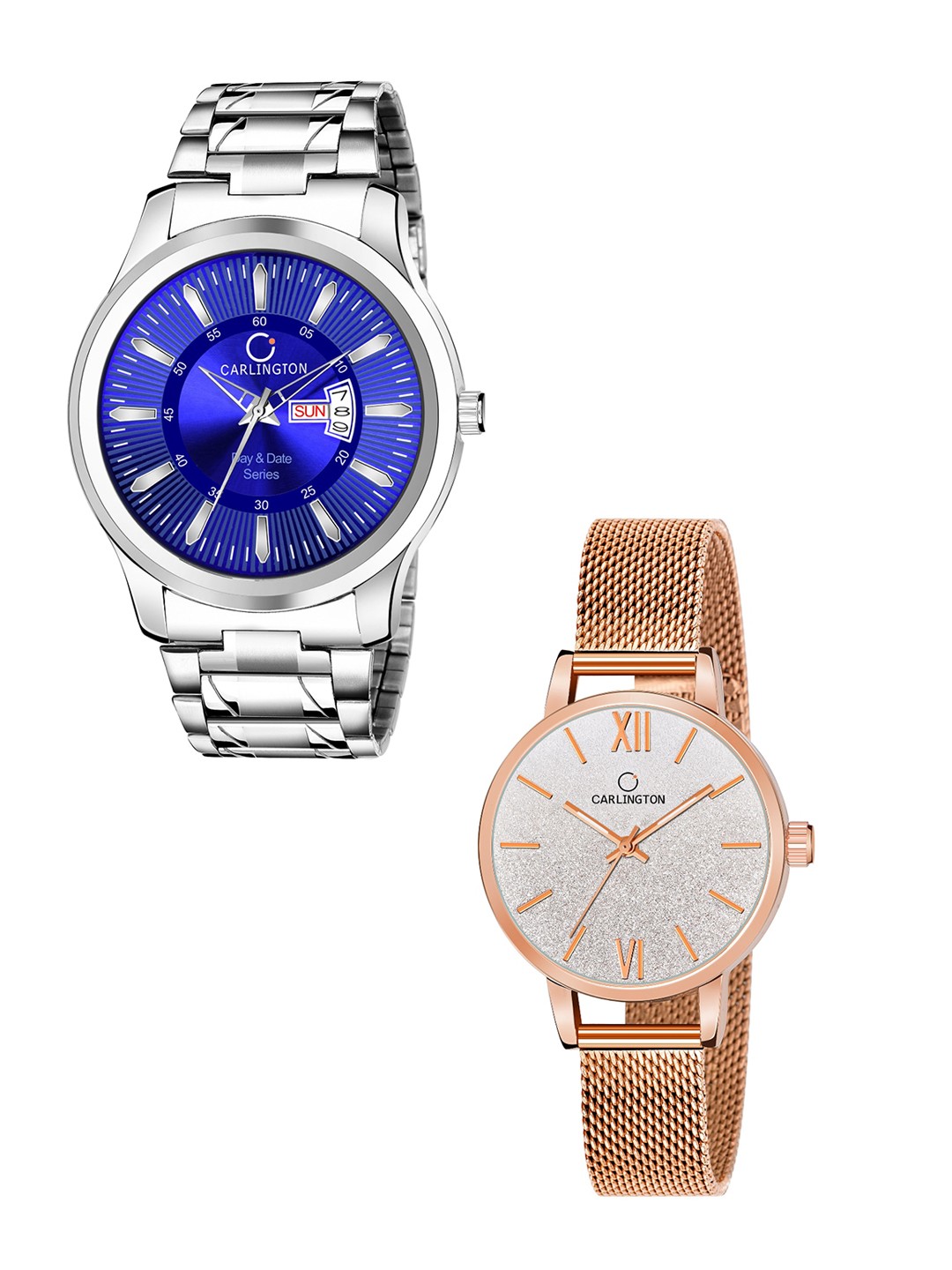 

CARLINGTON Unisex Round Dial & Stainless Steel Straps Analogue His and Her Watches CT2018, Blue