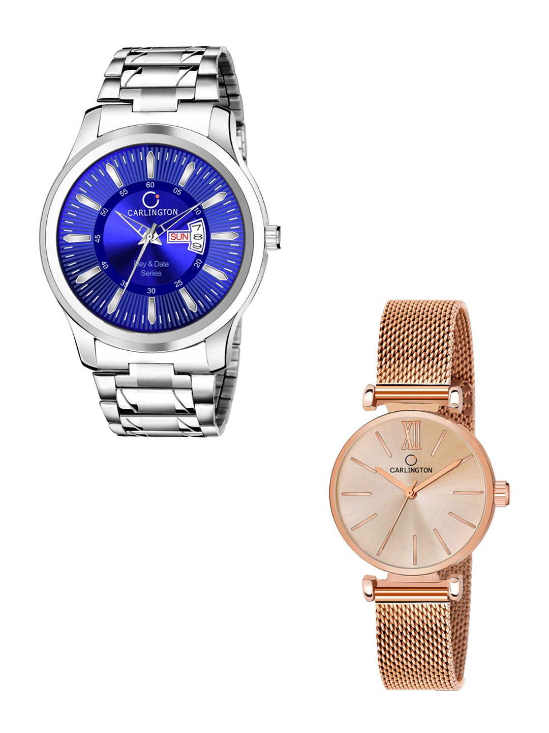 

CARLINGTON Unisex Round Dial & Stainless Steel Straps Analogue His and Her Watches CT2016, Blue