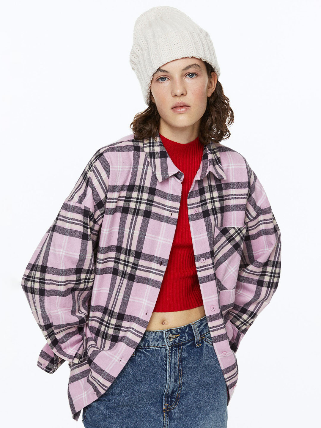 

H&M Woman Pink & Black Pure Cotton Oversized Flannel Shirt