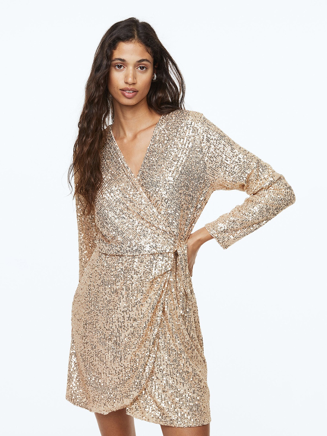 

H&M Woman Beige Sequined Wrap Dress