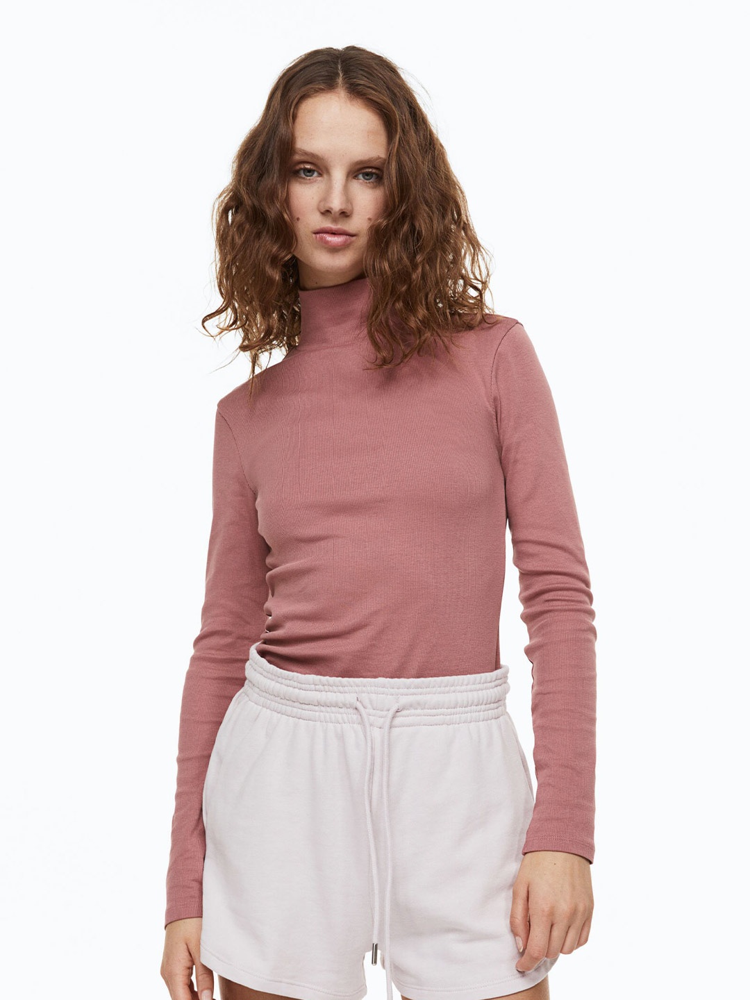 

H&M Women Pink Ribbed Polo-Neck Top