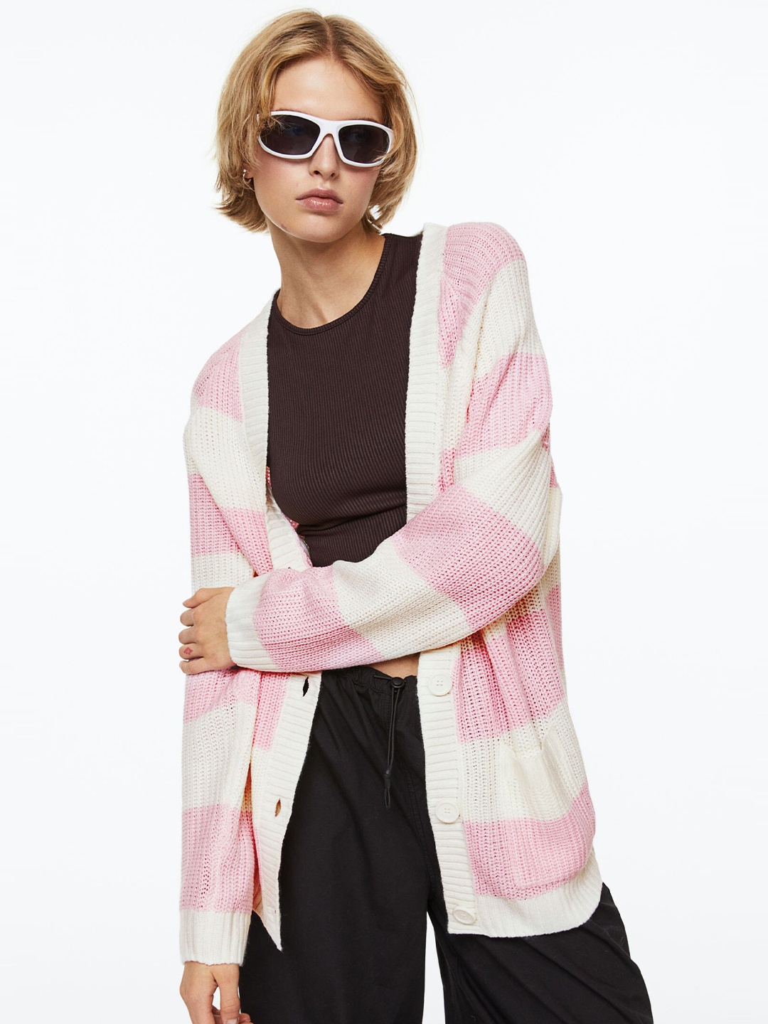 

H&M Women White & Pink Rib-Knit Cardigan