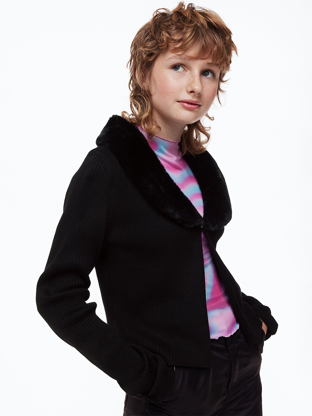 

H&M Girls Black Fluffy-Collared Cardigan