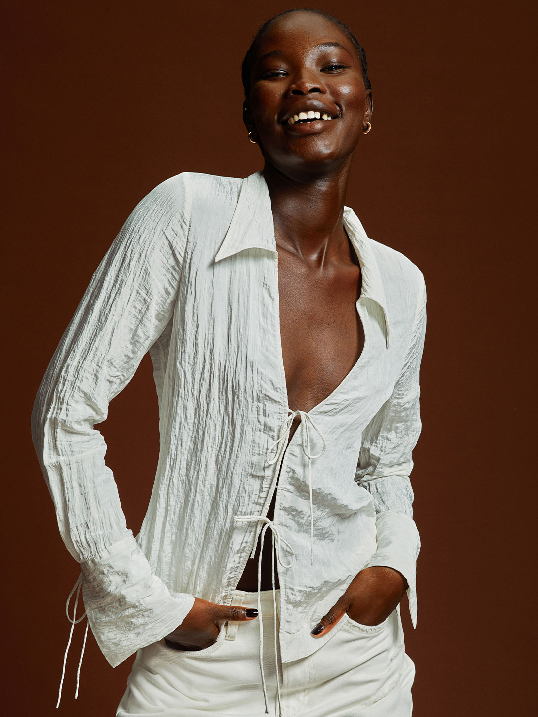 

H&M Women White Crinkle Tie-Detail Blouse