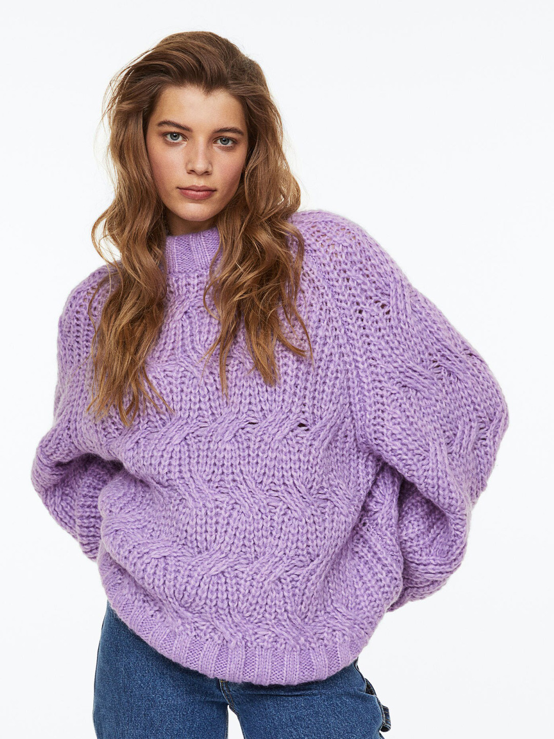 

H&M Women Purple Oversized Cable-Knit Wool-Blend Jumper