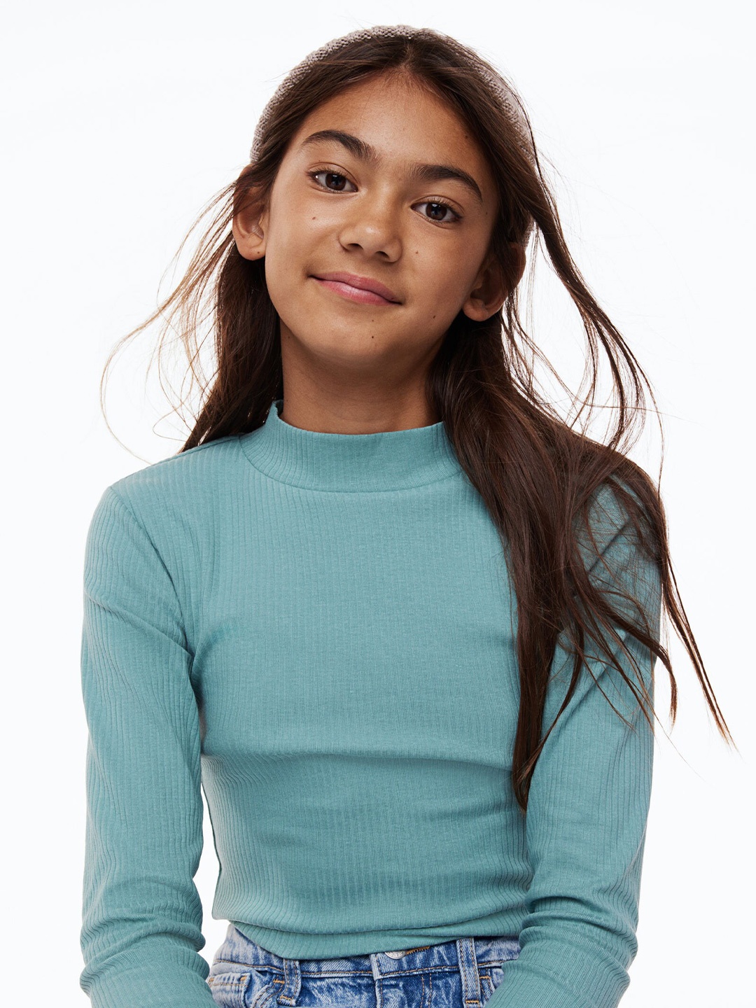 

H&M Girls Turquoise Blue Ribbed Jersey Turtleneck Top