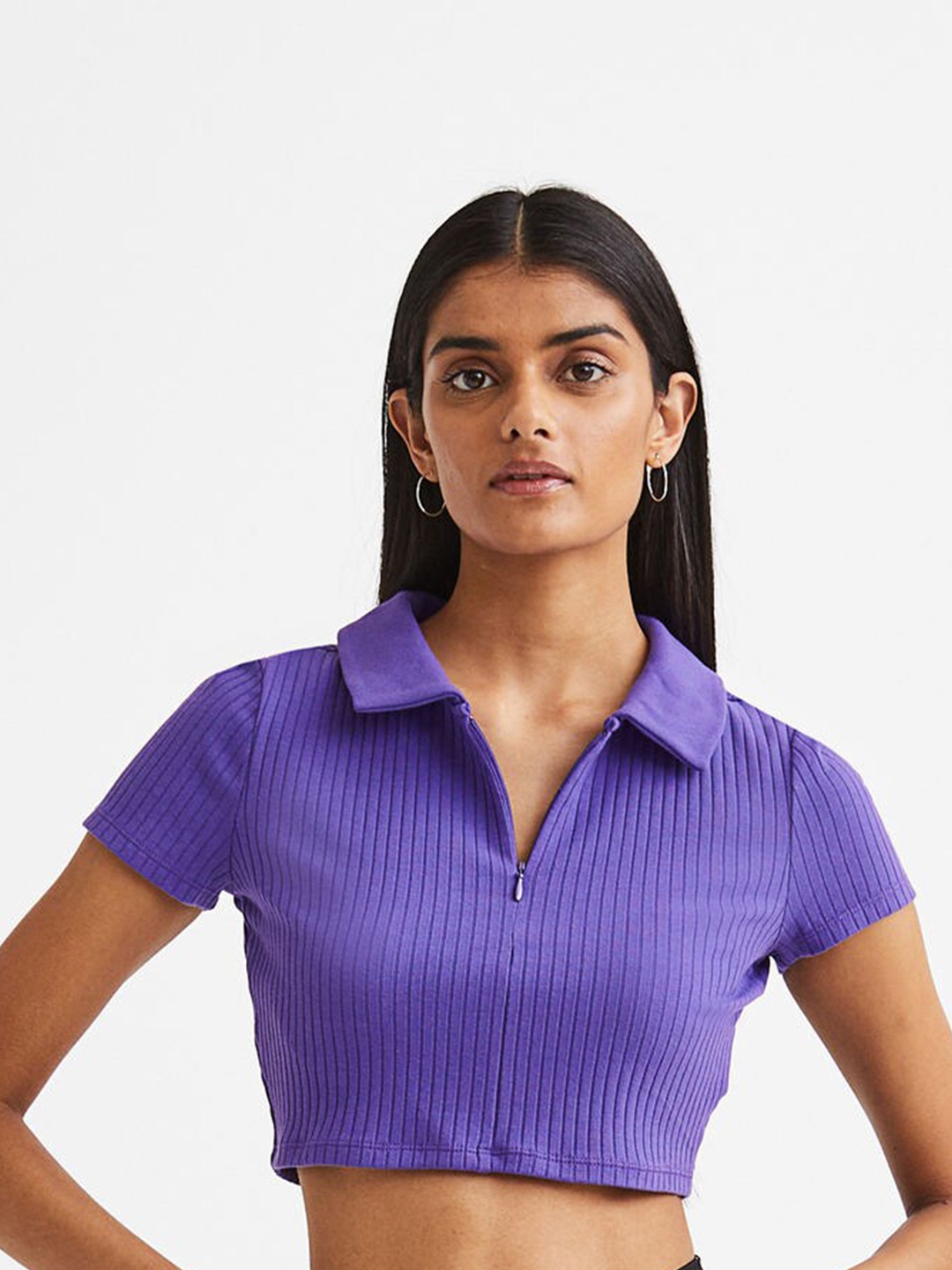 

H&M Women Purple Zip-Top Cropped Top