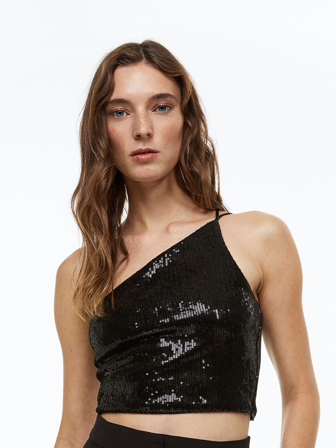 

H&M Women Black Sequined One-Shoulder Top