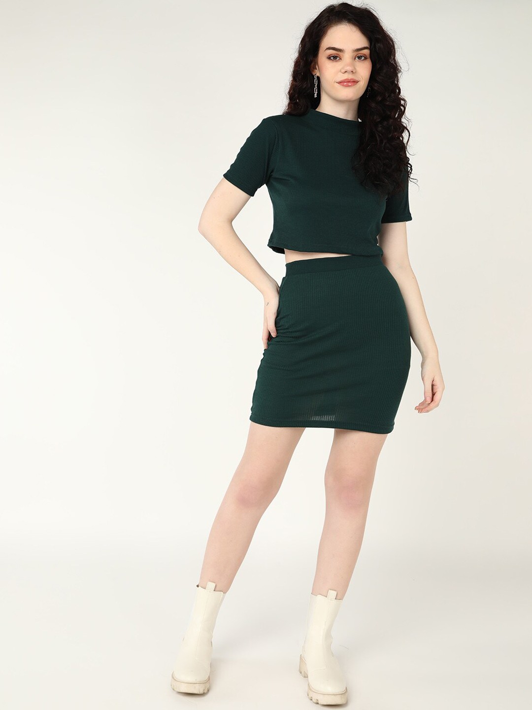 

DressBerry Women Green Solid Pure Cotton High Neck Top & Skirt