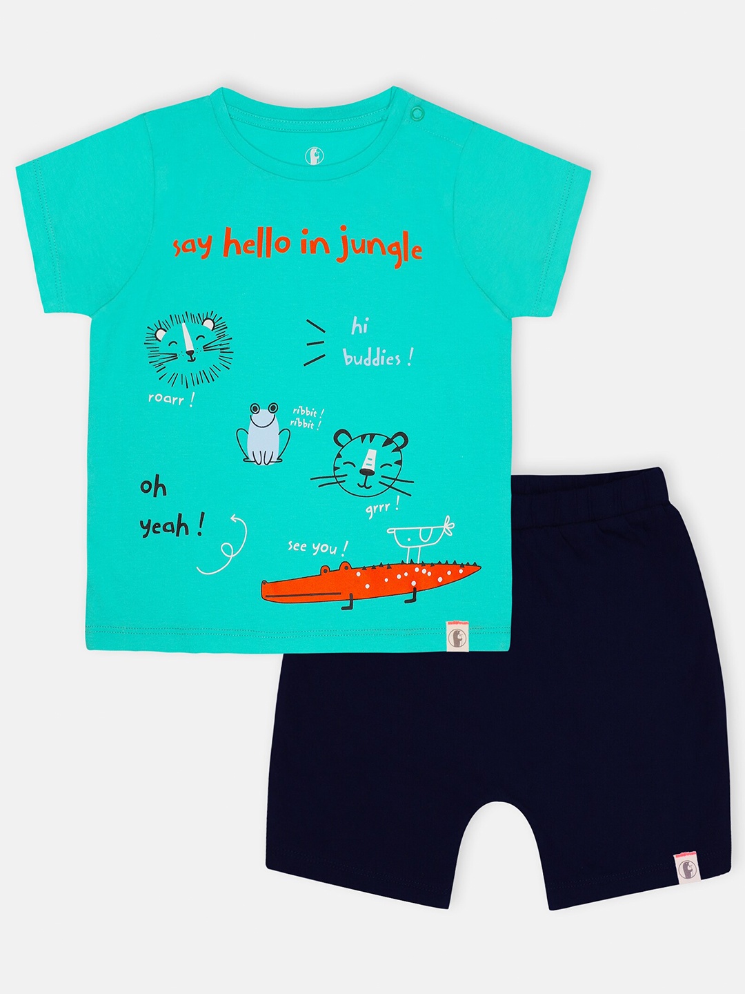 

Babysafe Boys Turquoise Blue & Navy Blue Printed Pure Cotton T-shirt with Shorts
