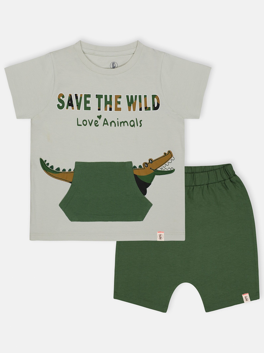 

Babysafe Boys Grey & Olive Green Printed Pure Cotton T-shirt with Shorts