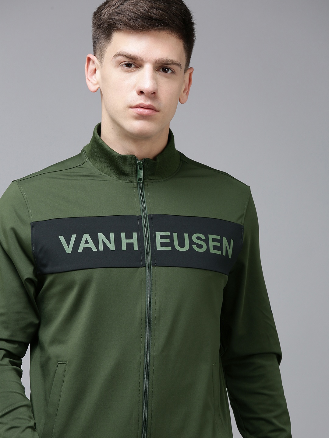 

Van Heusen Flex Men Brand Logo Print Knitted Active Fit Cycling Jacket, Green