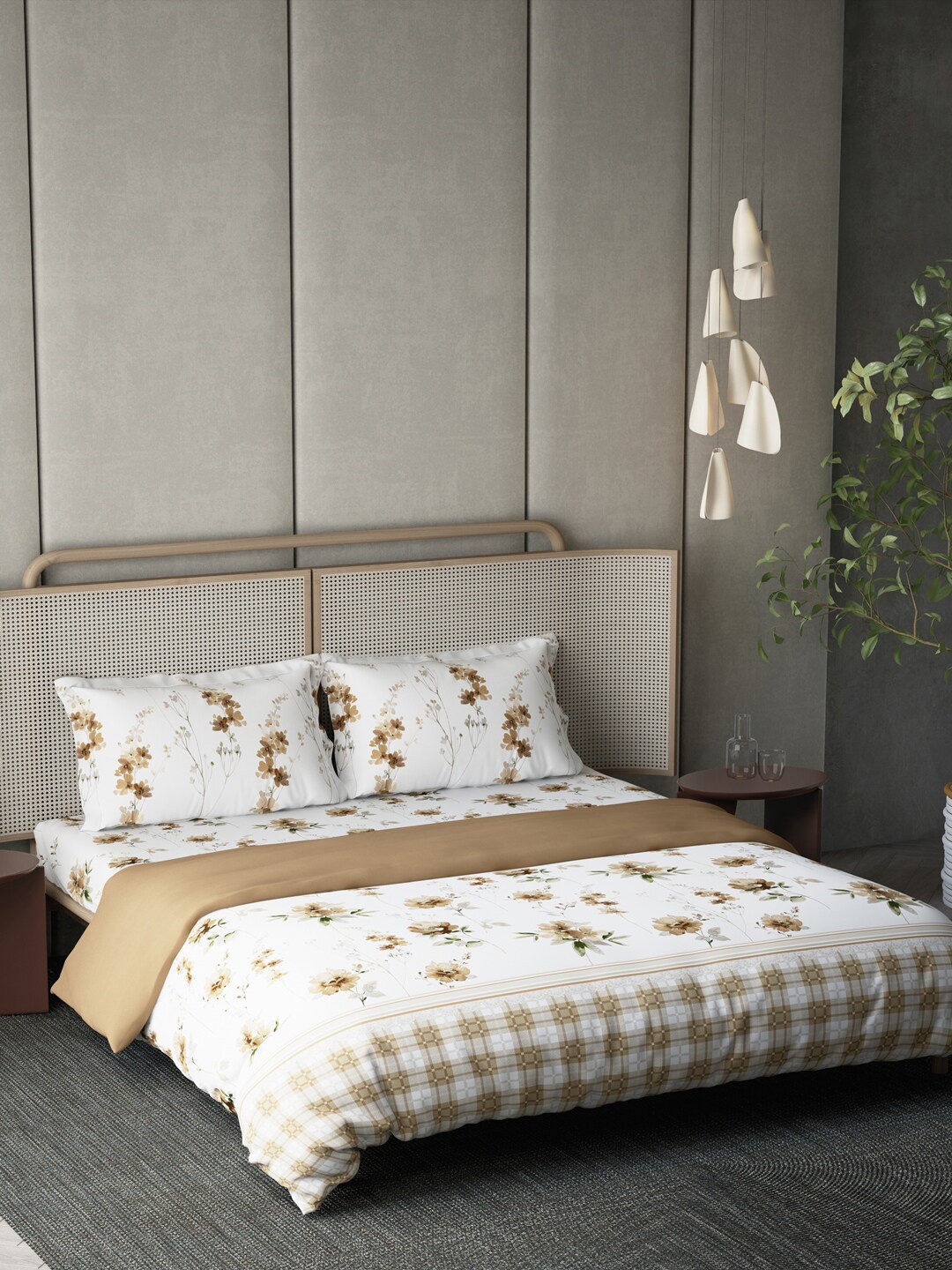 

DDecor Brown & White Floral Printed Cotton Double Queen Bedding Set