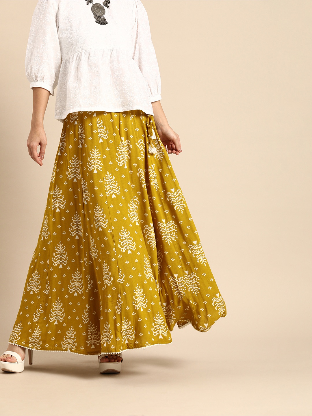 

Sangria Women Mustard and White Printed Kali Maxi Skirt