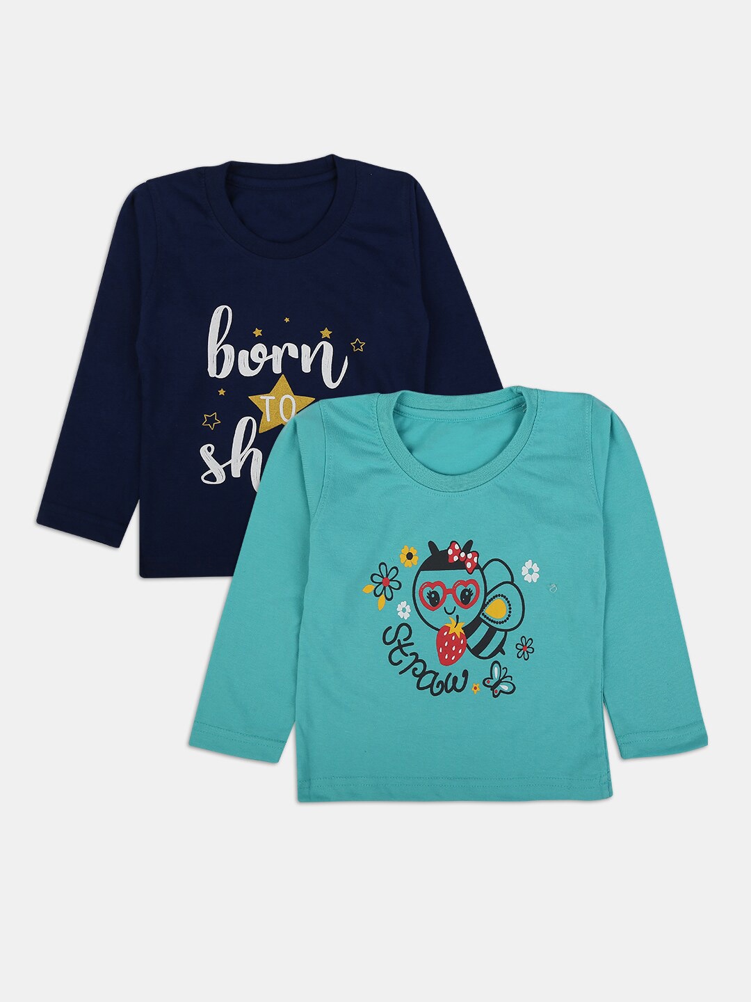 

V-Mart Girls Pack Of 2 Navy Blue & Sea Green Printed T-shirt