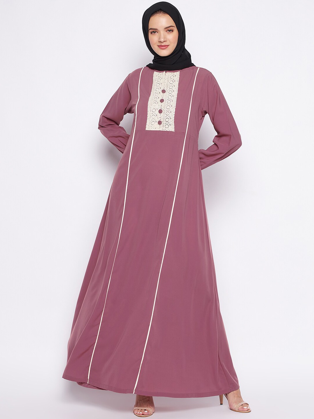 

NABIA Women Puce Pink Solid Lace Work Abaya Burqa