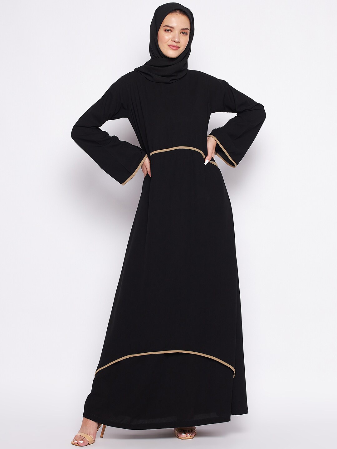 

NABIA Women Black Solid Piping Design Double Layer Abaya Burqa