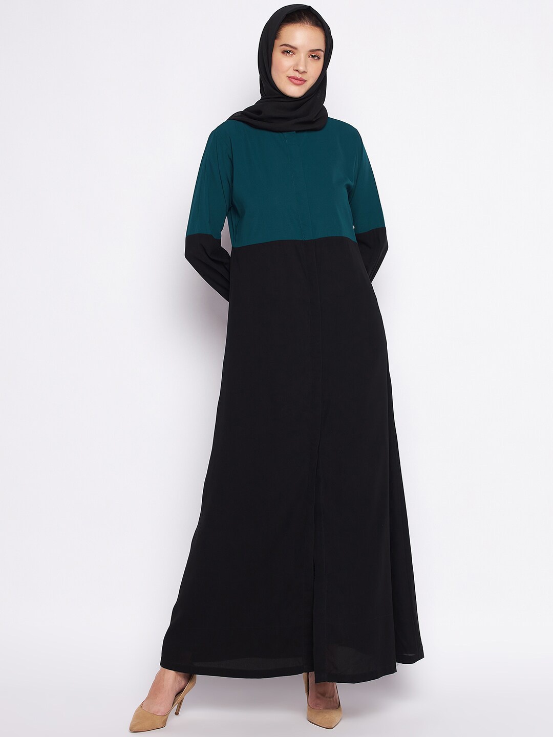 

NABIA Women Green & Black Front Open Solid Abaya Burqa