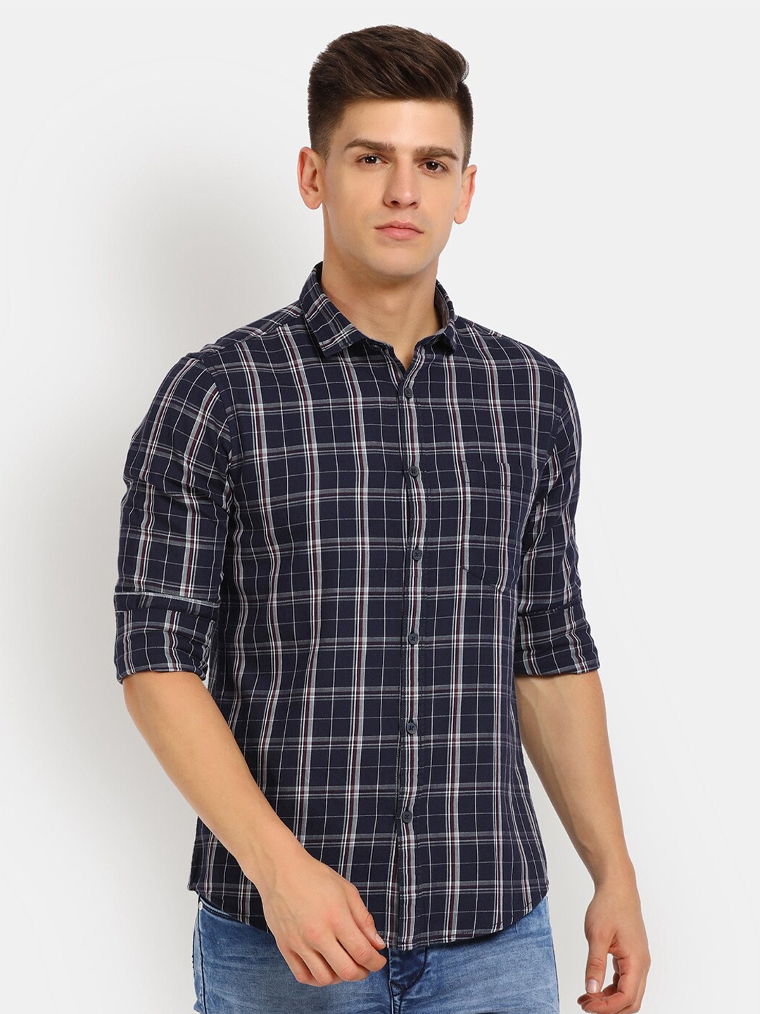 

V-Mart Men Navy Blue Classic Tartan Checked Cotton Casual Shirt