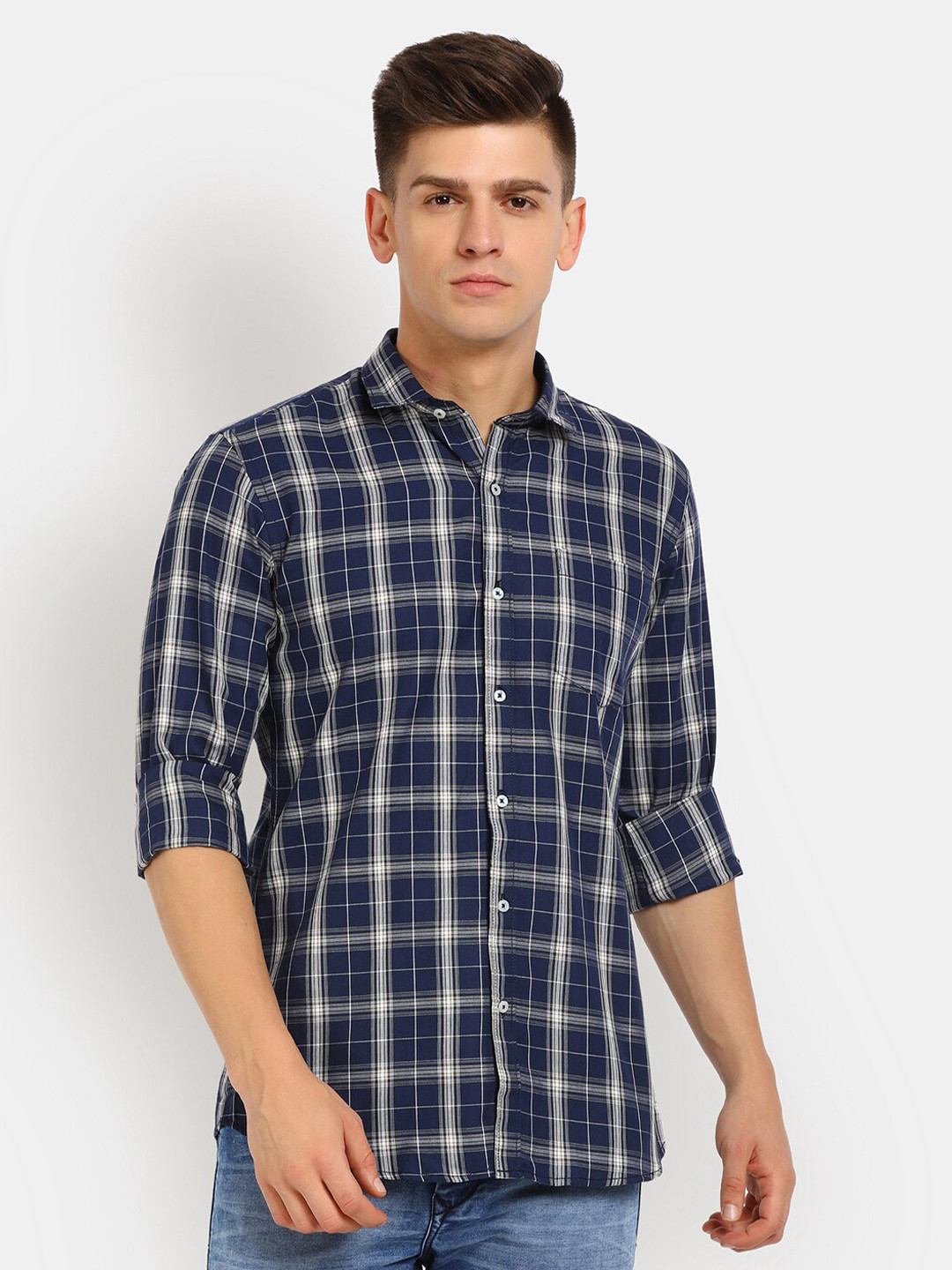 

V-Mart Men Navy Blue Classic Tartan Checks Checked Casual Shirt
